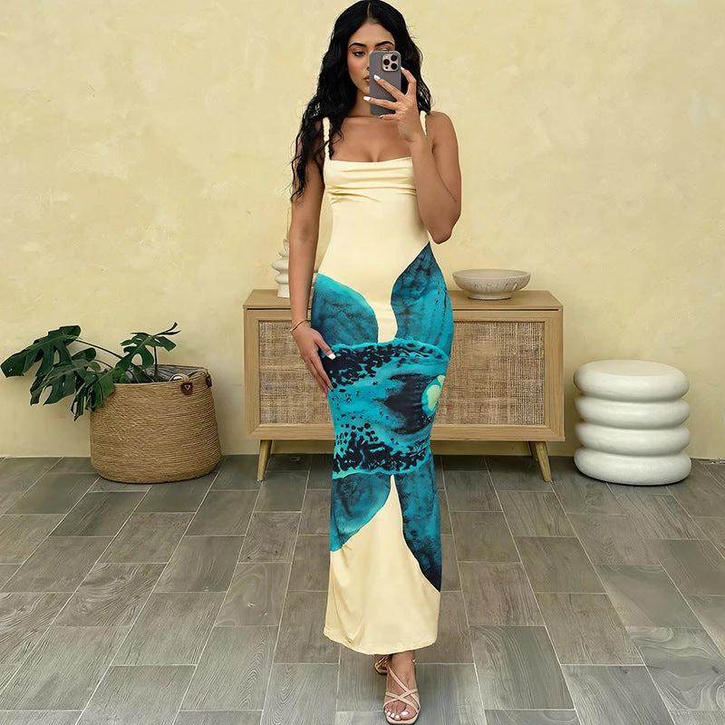 Women's Clothing Sexy Hot Girl Printed Sheath Backless Sleeveless Camisole Dress