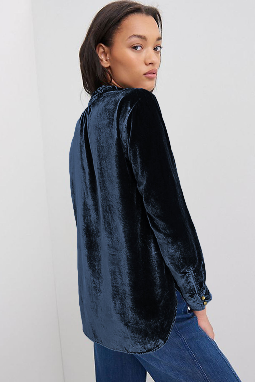 Green Frilled Neck Buttoned Front Velvet Women's Top