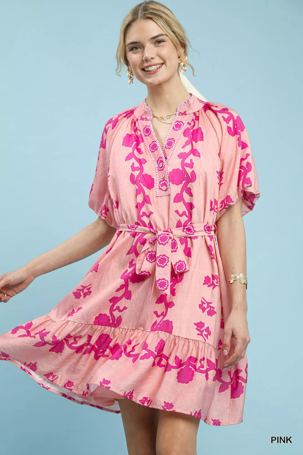 Women's Floral Boho Mini Dress with Tie-Waist