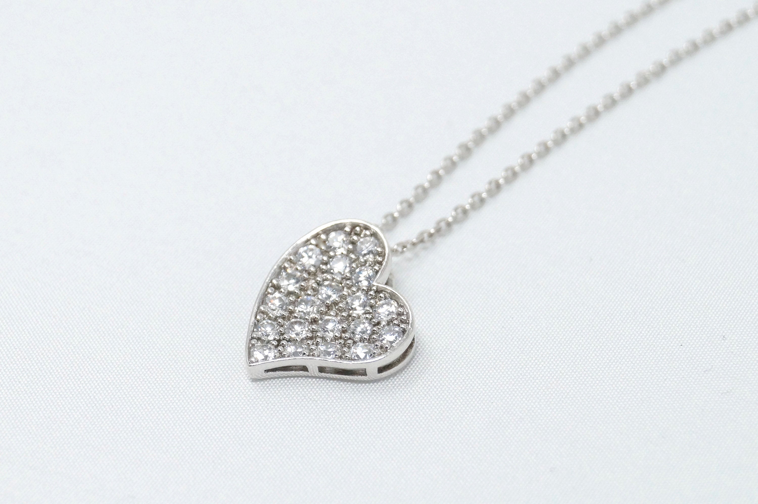 Vintage Simulated Diamond Accented Sweetheart Heart Sterling Silver Necklace 18"