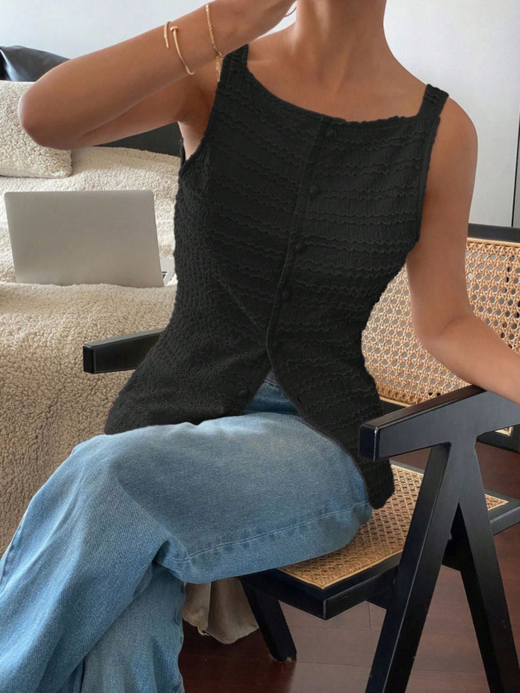 Women's Textured Button-Front Knit Tank Top
