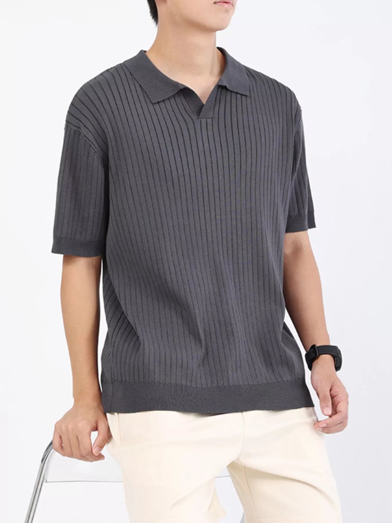Men's Plus Size Ribbed Knit Short Sleeve Polo