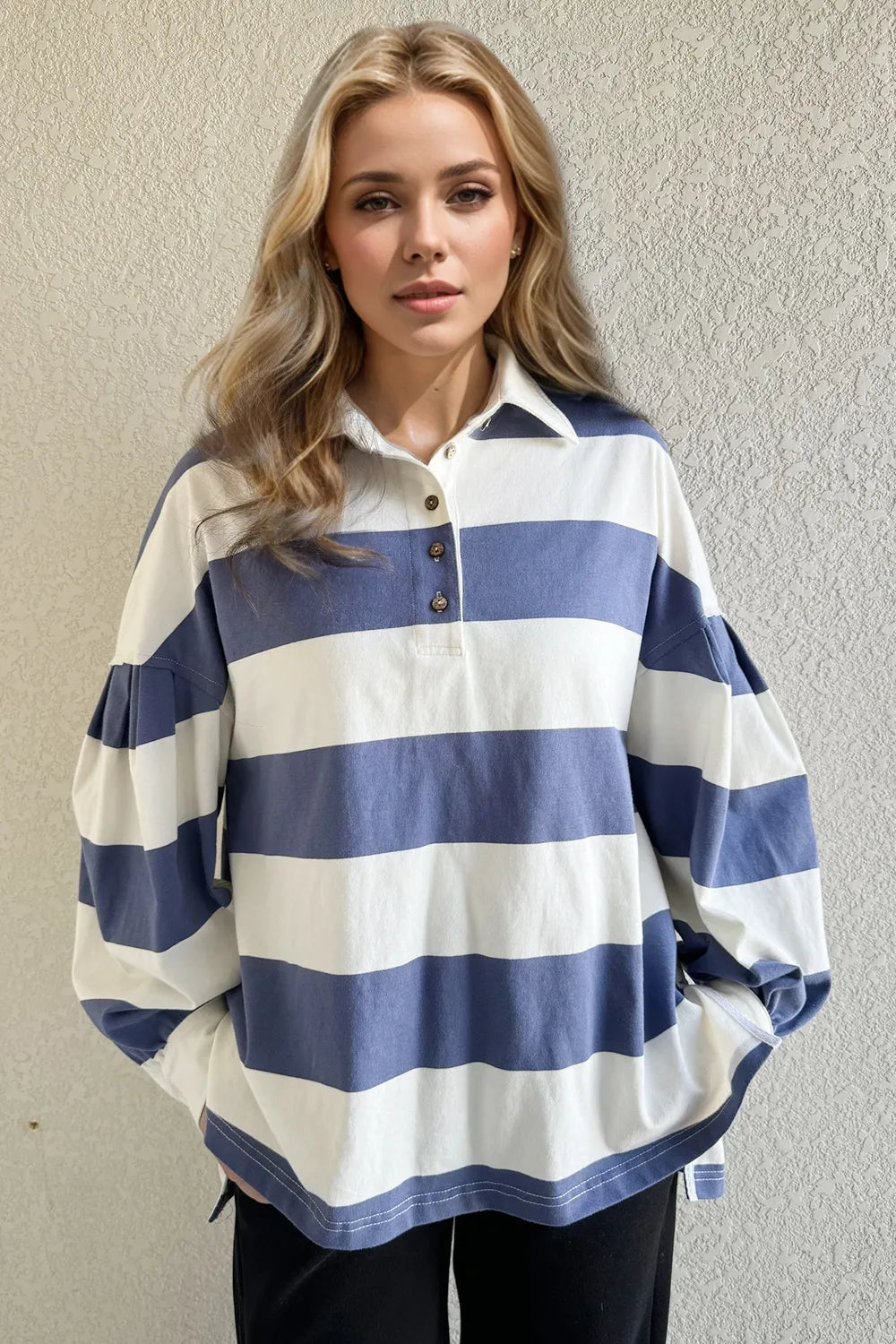 Pima Cotton Wide Stripe Collared Long Sleeve Top