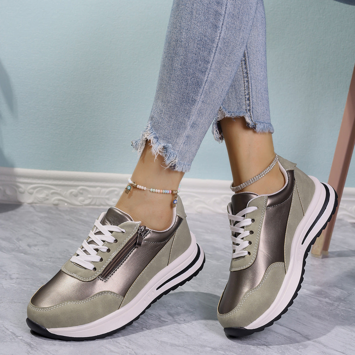 Women's Zipper Detail Lace Up Sneakers Casual Low Heel Shoes