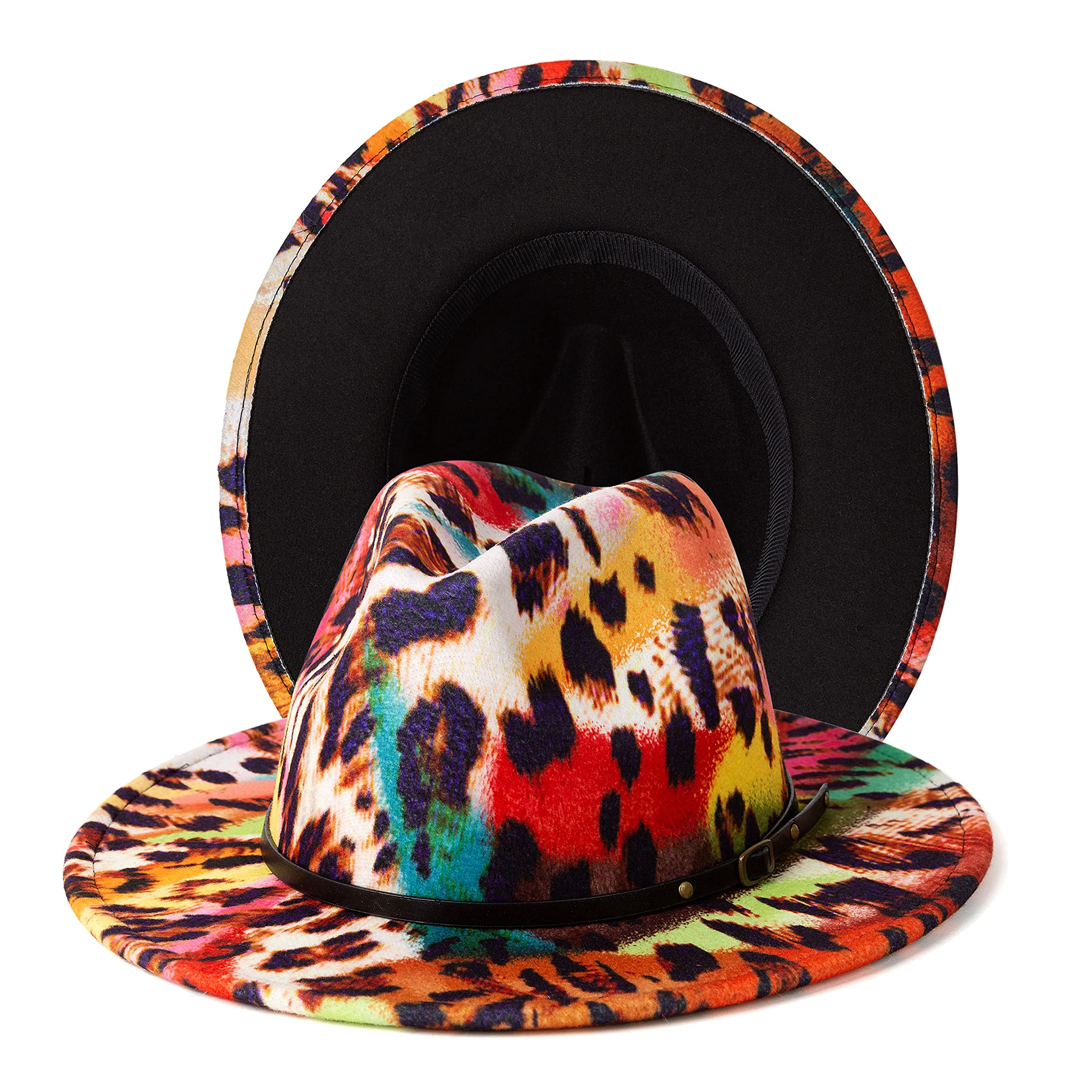 Gossifan Women Two Tone Wide Brim Fedora Felt Panama Hats Classic Belt Buckle