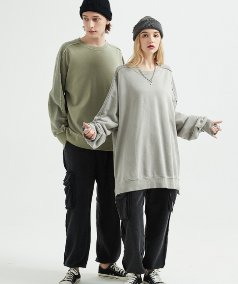 Autumn Winter Main Push Terry Loose-Fitting plus Size Pullover Washed Retro High Street Pullover Patchwork Sweatshirt