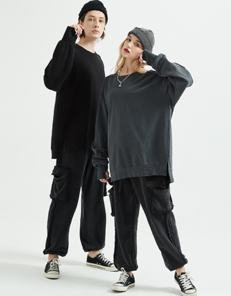 Autumn Winter Main Push Terry Loose-Fitting plus Size Pullover Washed Retro High Street Pullover Patchwork Sweatshirt