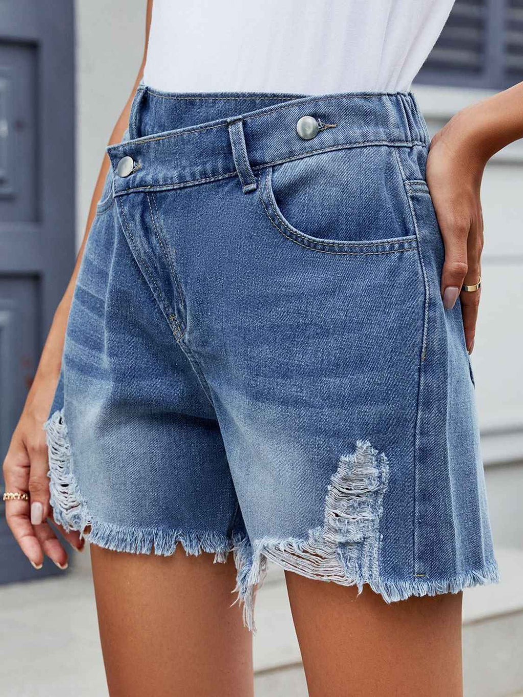 Distressed Denim Shorts with Raw Hem