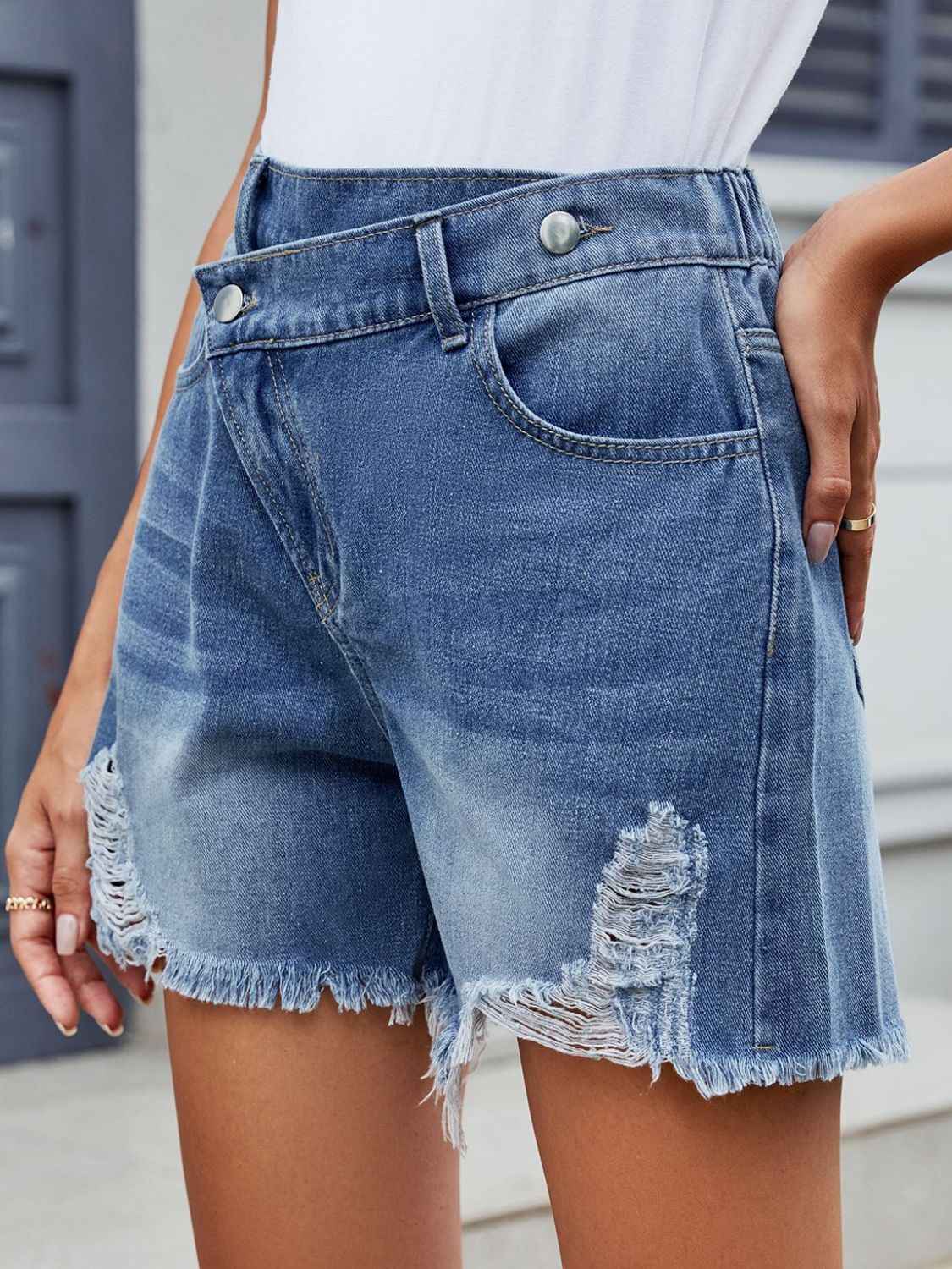 Distressed Denim Shorts with Raw Hem