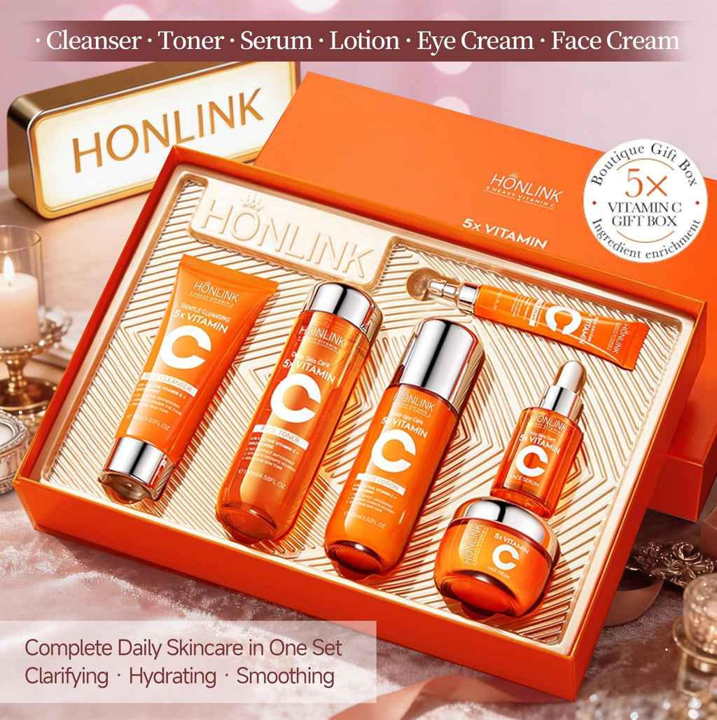 SADOER 6-Piece Hydrating Skincare Set with Vitamin C & Niacinamide – Daily Face Care Kit Includes Toner, Serum, Cleanser,Moisturizer, Eye Cream & Body Lotion | All Skin Types