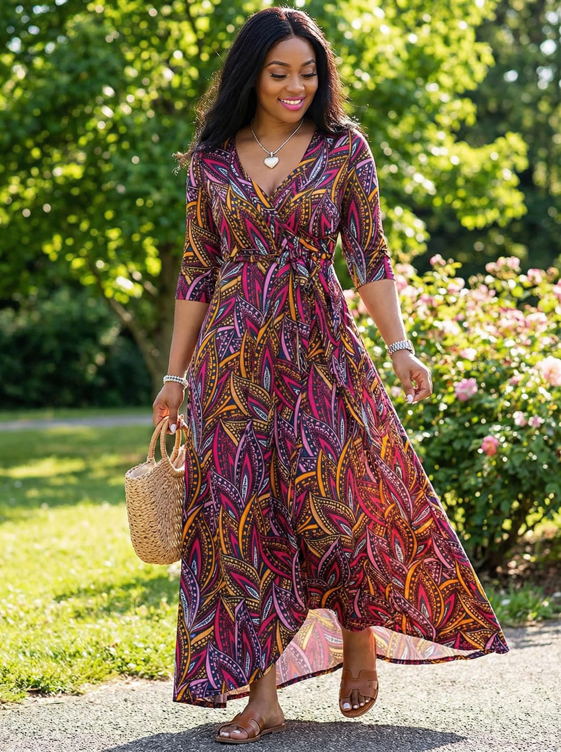 Yajedo Womens Casual Summer Maxi Dress Plus Size Sexy Wrap V Neck 3/4 Sleeve Sundress with Pockets