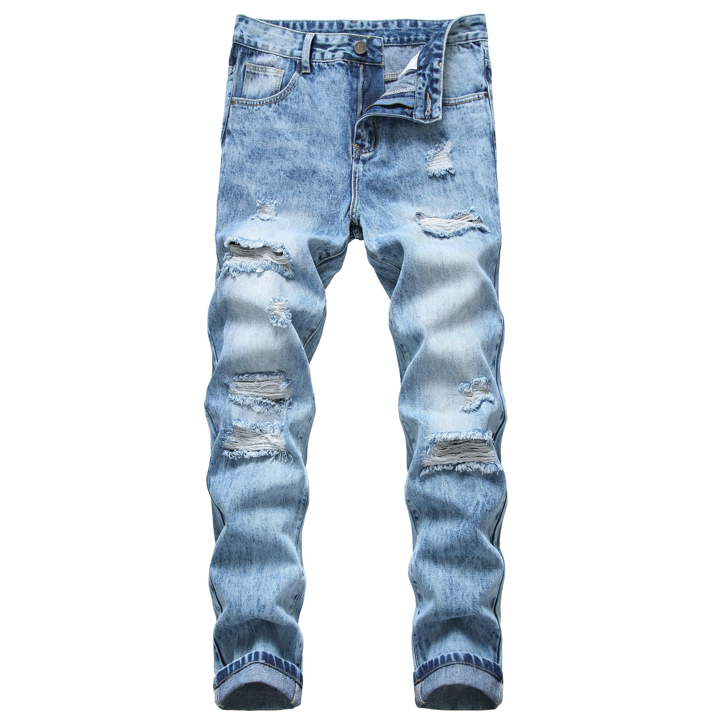 DANT BULUN Men's Ripped Distressed Destroyed Slim Fit Straight Leg Denim Jeans