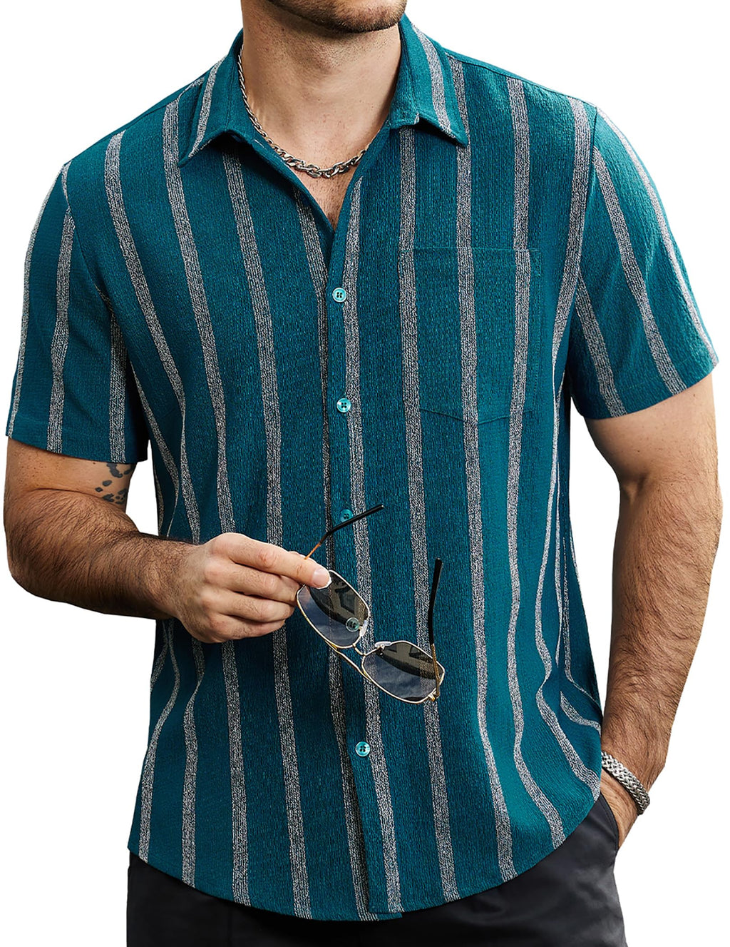 VATPAVE Mens Summer Striped Shirts Button Down Short Sleeve Vintage Beach Hawaiian Shirts with Pocket