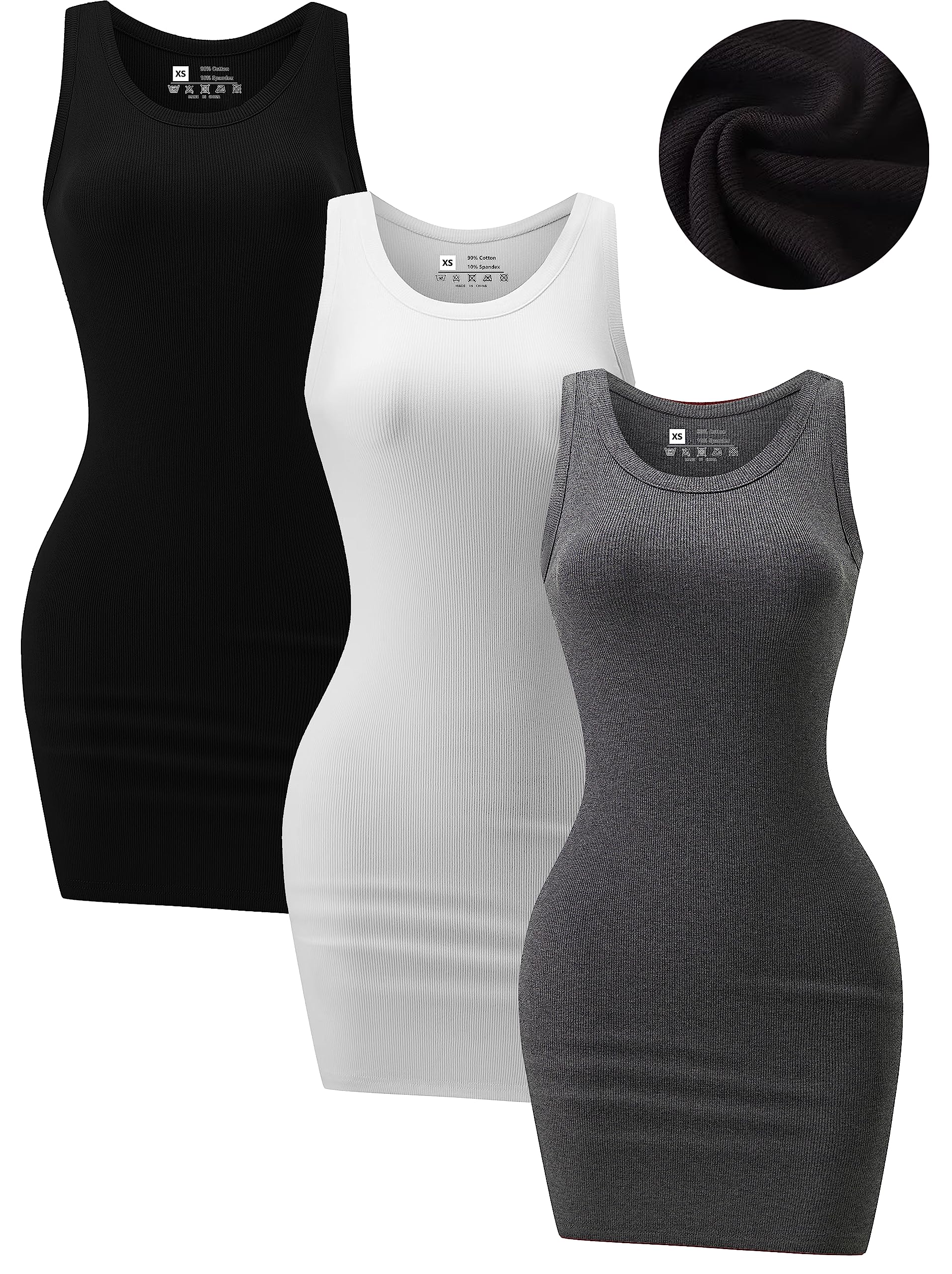 Chongbaijia 3 Pack Summer Dresses for Women 2026 Ribbed Crewneck Tank Top Dress Sleeveless Sundress Basic Bodycon Mini Dress