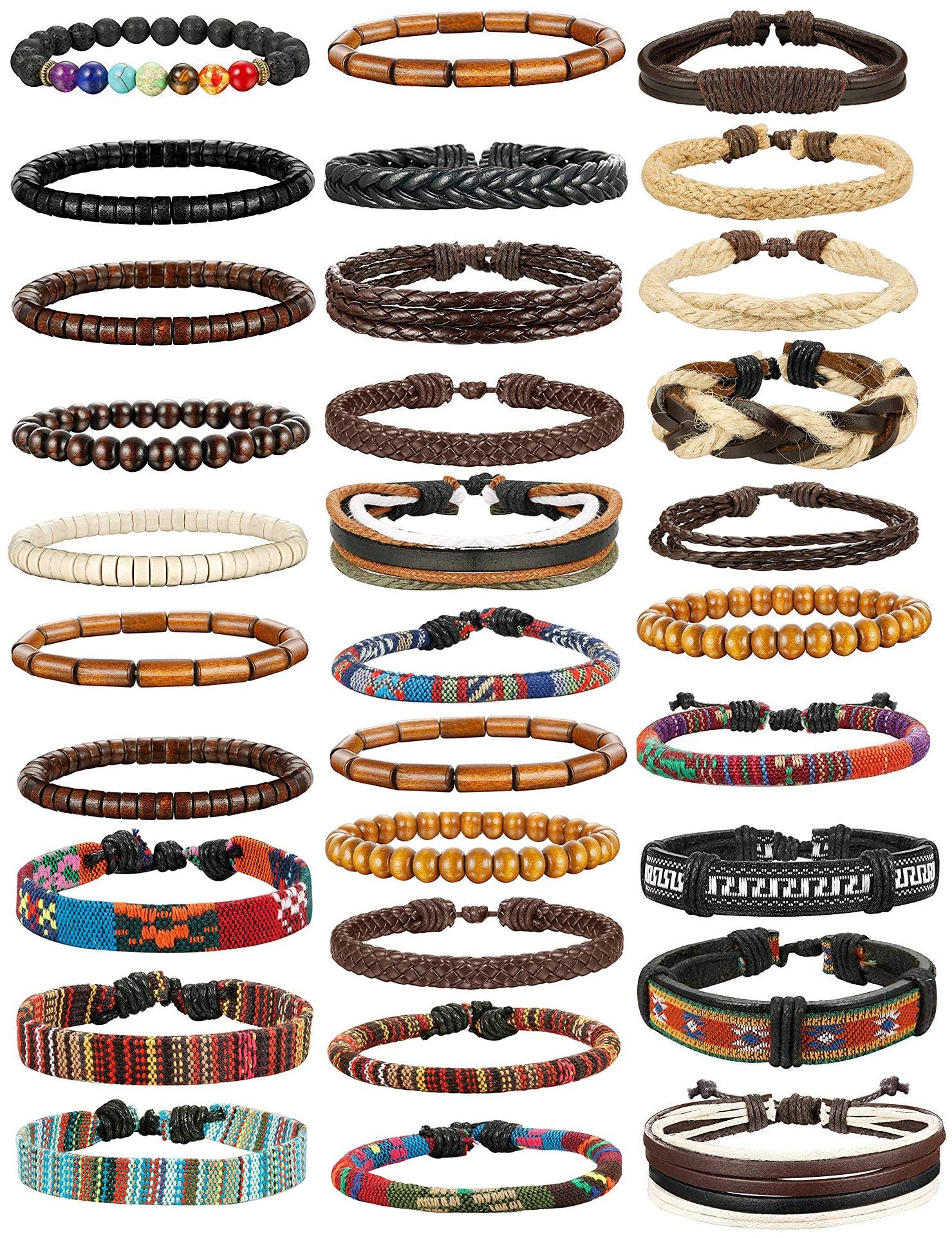 FIBO STEEL Braided Leather Bracelets for Men Women - Wooden Beads Cool Wrap Cuff Bracelets Mens Hemp Tribal Wristbands Punk Vintage Bracelet Set 31 Pcs