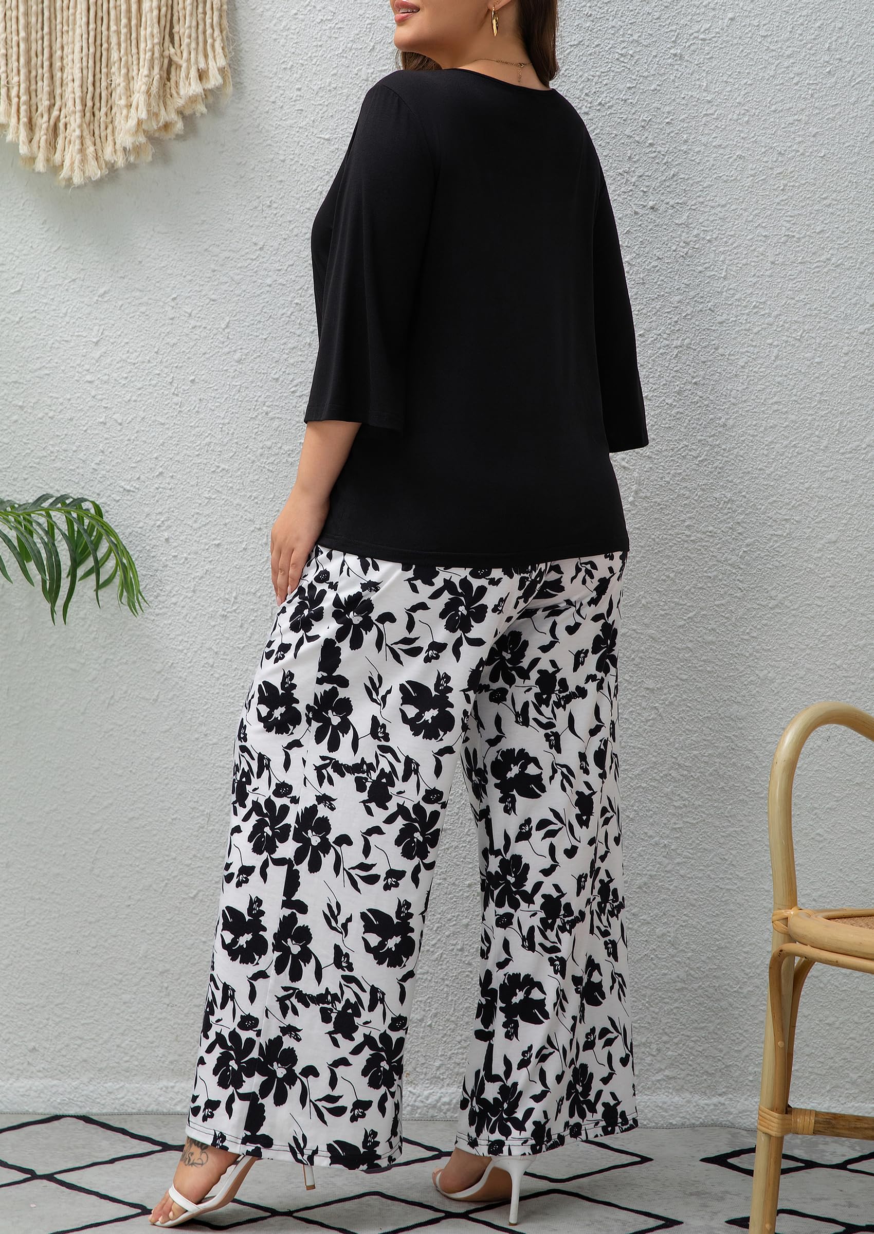 Auciccoo Womens Plus Size Lounge Sets 2 Piece Outfits 3/4 Sleeve Pullover Tops Wide Leg Pants Travel Loungewear