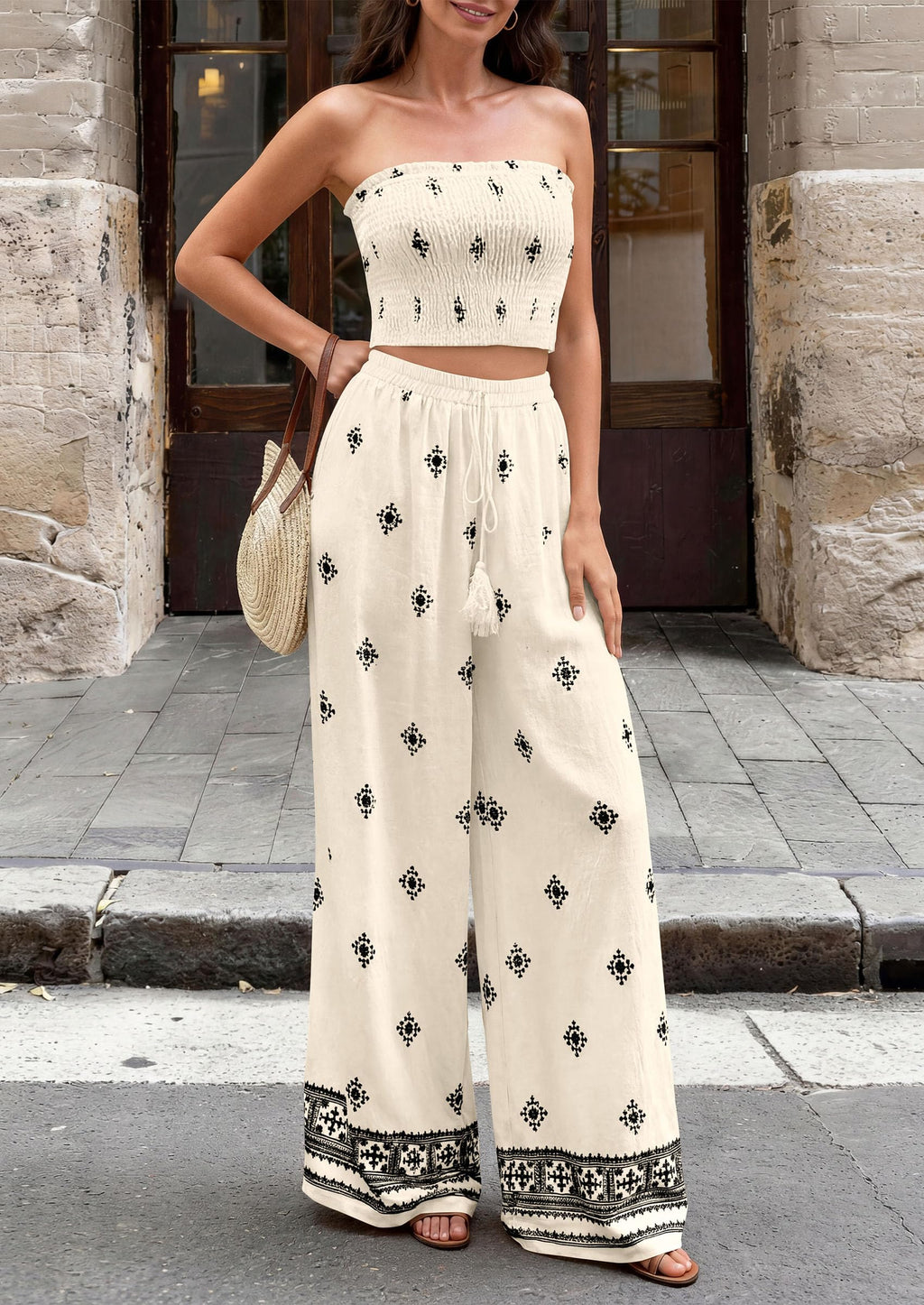 PRETTYGARDEN 2 Piece Sets for Women Summer 2026 Fashion Clothing Boho Tube Tops Wide Leg Pants Cruise Beach Vacation Outfits