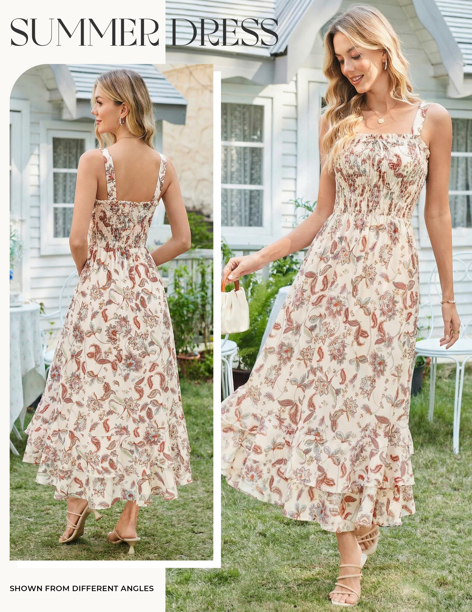 GRACE KARIN Women's 2026 Summer Floral Boho Dress Square Neck Strapped Swing A Line Sundress Beach Long Maxi Outfits