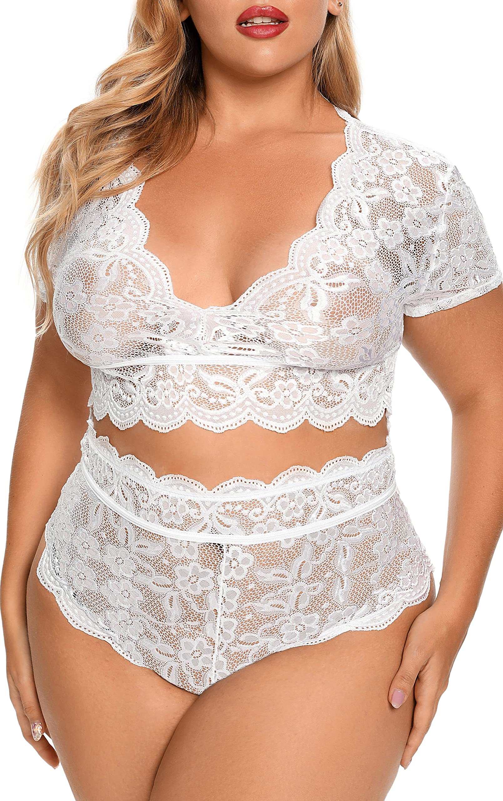Plus Size 2 Piece Lingerie Set for Women Sexy Deep V Allover Lace Bra and Panty High Waist Nightwear Clubwear