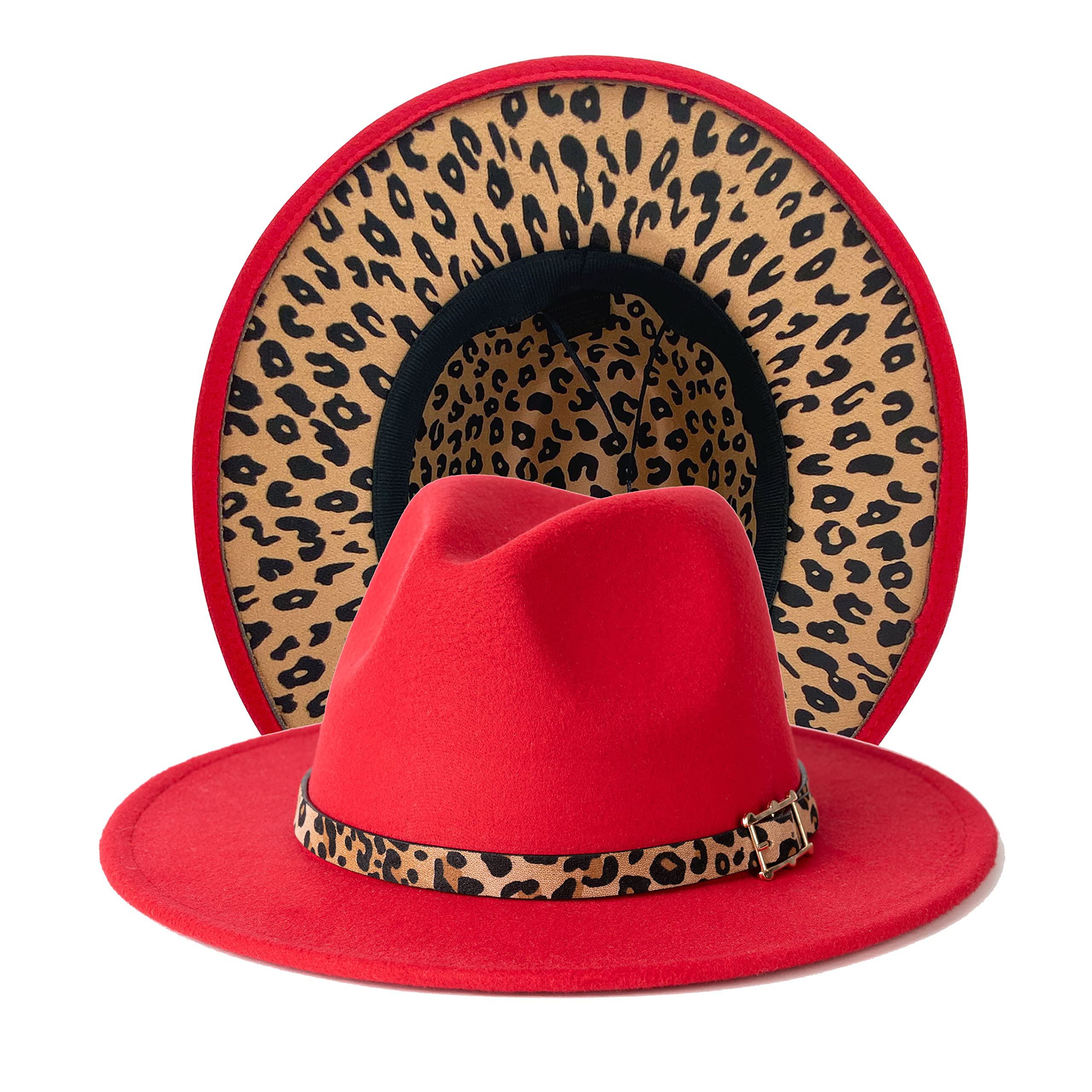Gossifan Women Two Tone Wide Brim Fedora Felt Panama Hats Classic Belt Buckle