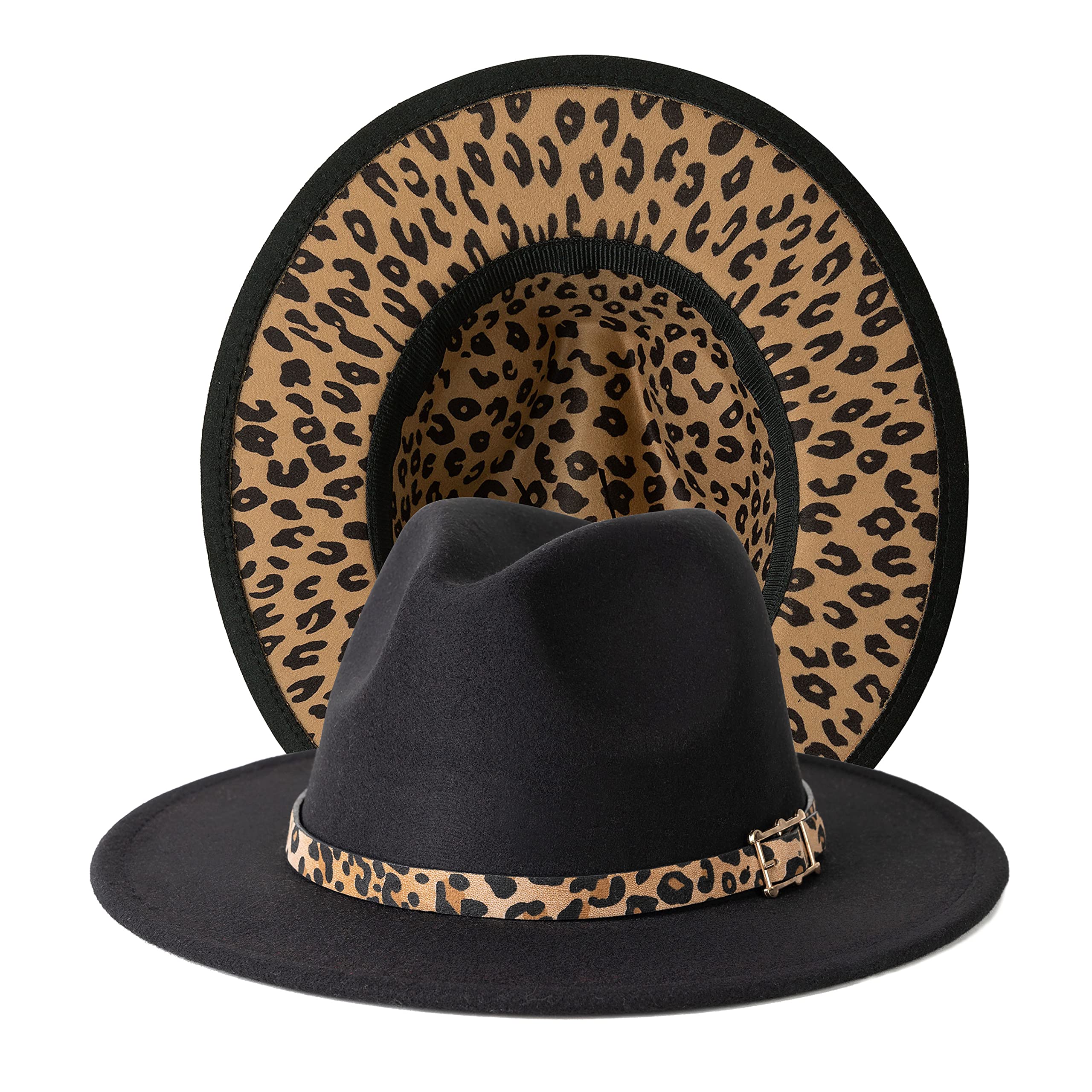 Gossifan Women Two Tone Wide Brim Fedora Felt Panama Hats Classic Belt Buckle