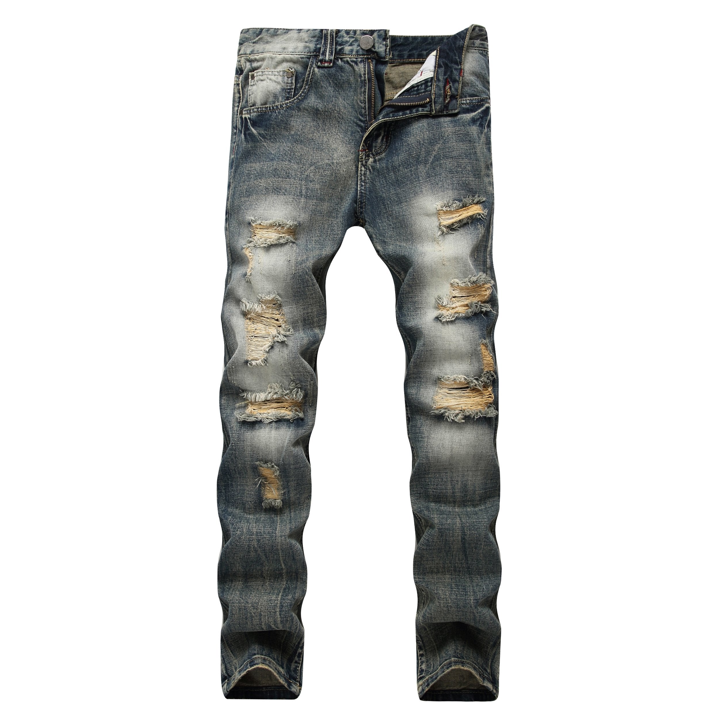 DANT BULUN Men's Ripped Distressed Destroyed Slim Fit Straight Leg Denim Jeans