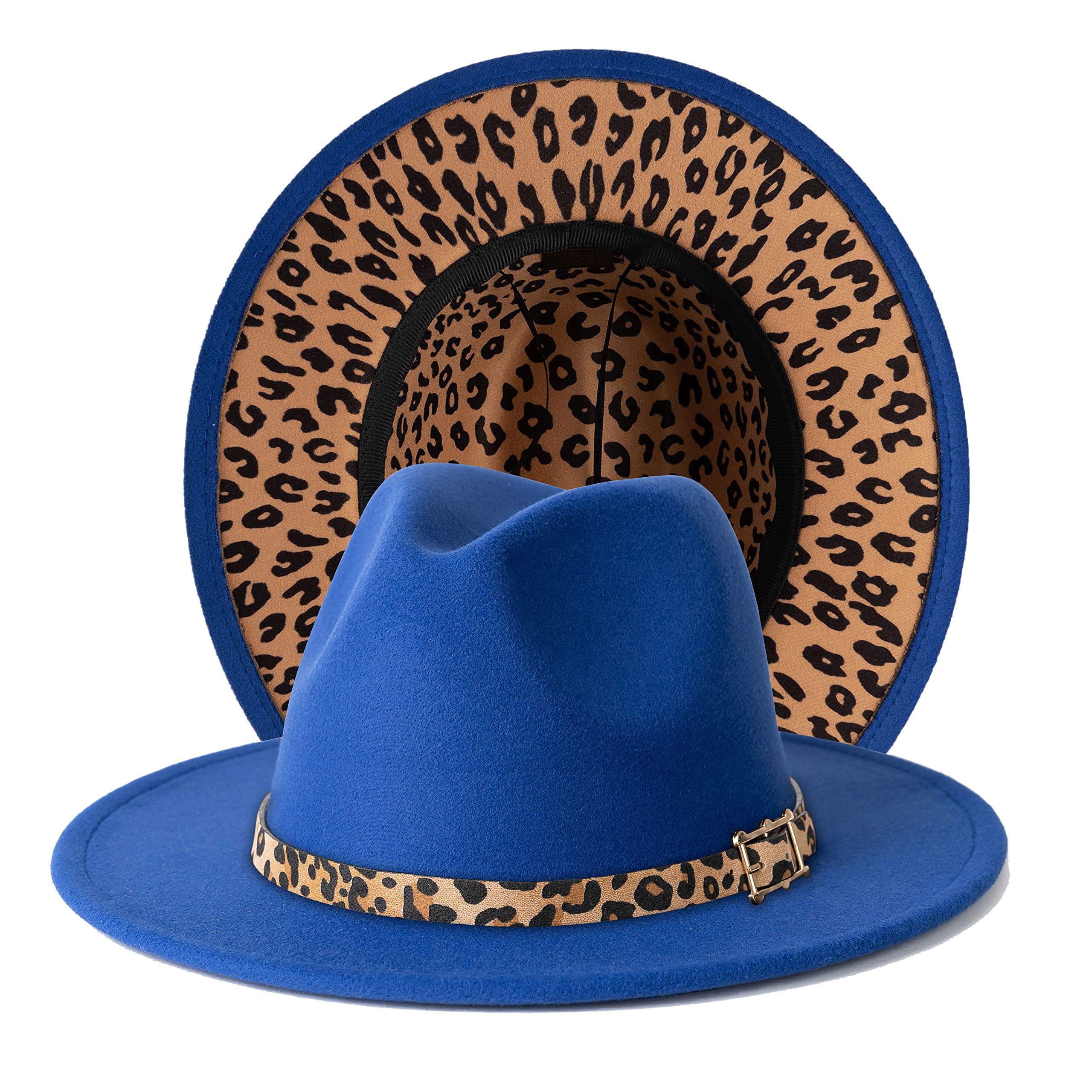 Gossifan Women Two Tone Wide Brim Fedora Felt Panama Hats Classic Belt Buckle