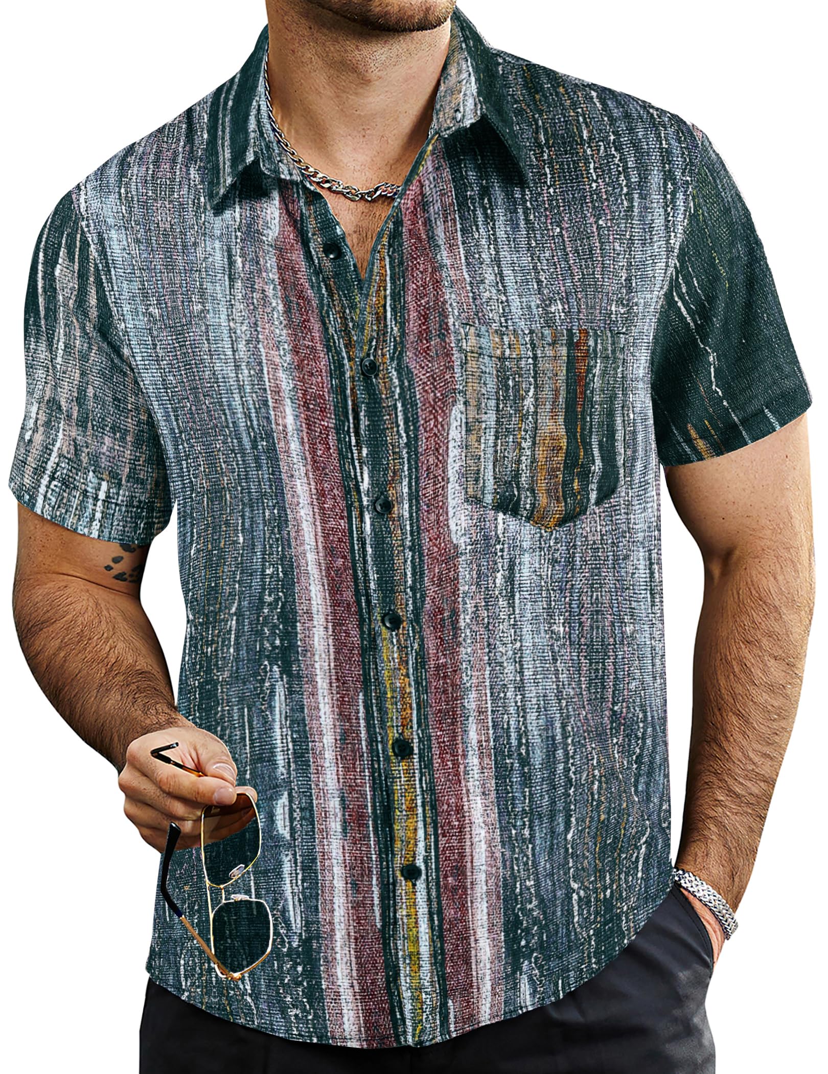 VATPAVE Mens Summer Striped Shirts Button Down Short Sleeve Vintage Beach Hawaiian Shirts with Pocket