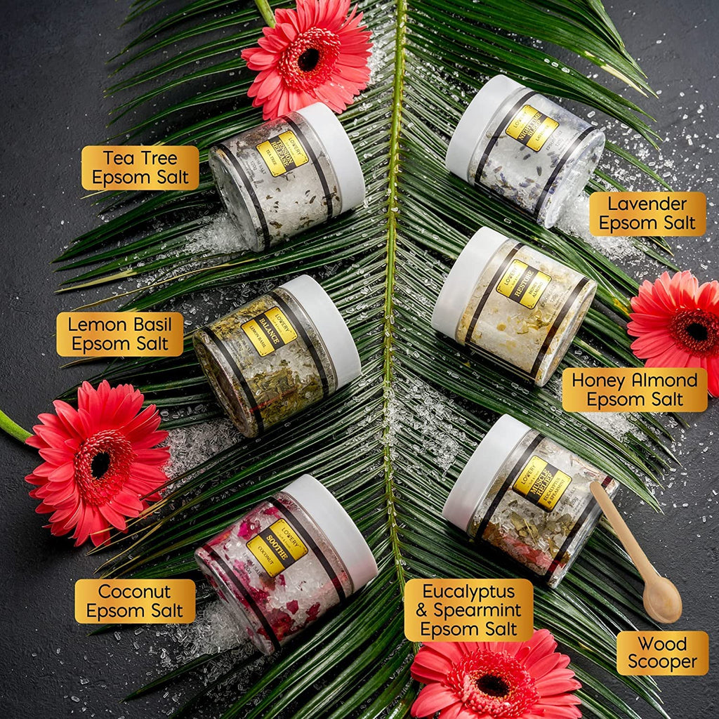 Mothers Day Gifts for Mom, Epsom Bath Salts Gift Basket Set, Self Care Salt with Essential Oil, Gifts for Women, Her, Mother, Lavender, Eucalyptus, Lemon, Coconut, Tea Tree, Honey Almond