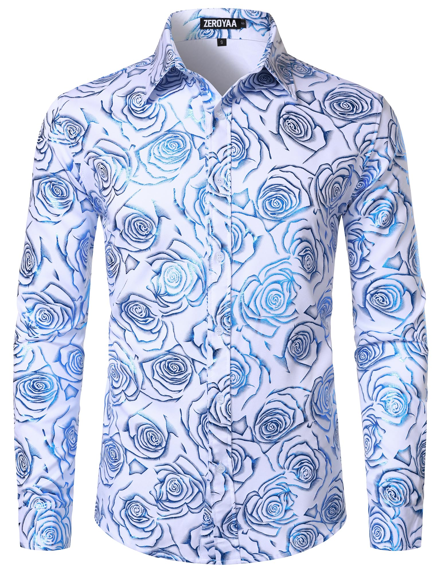 ZEROYAA Mens Hipster Rose Printed Slim Fit Long Sleeve Dress Shirts Prom Performing Shirts