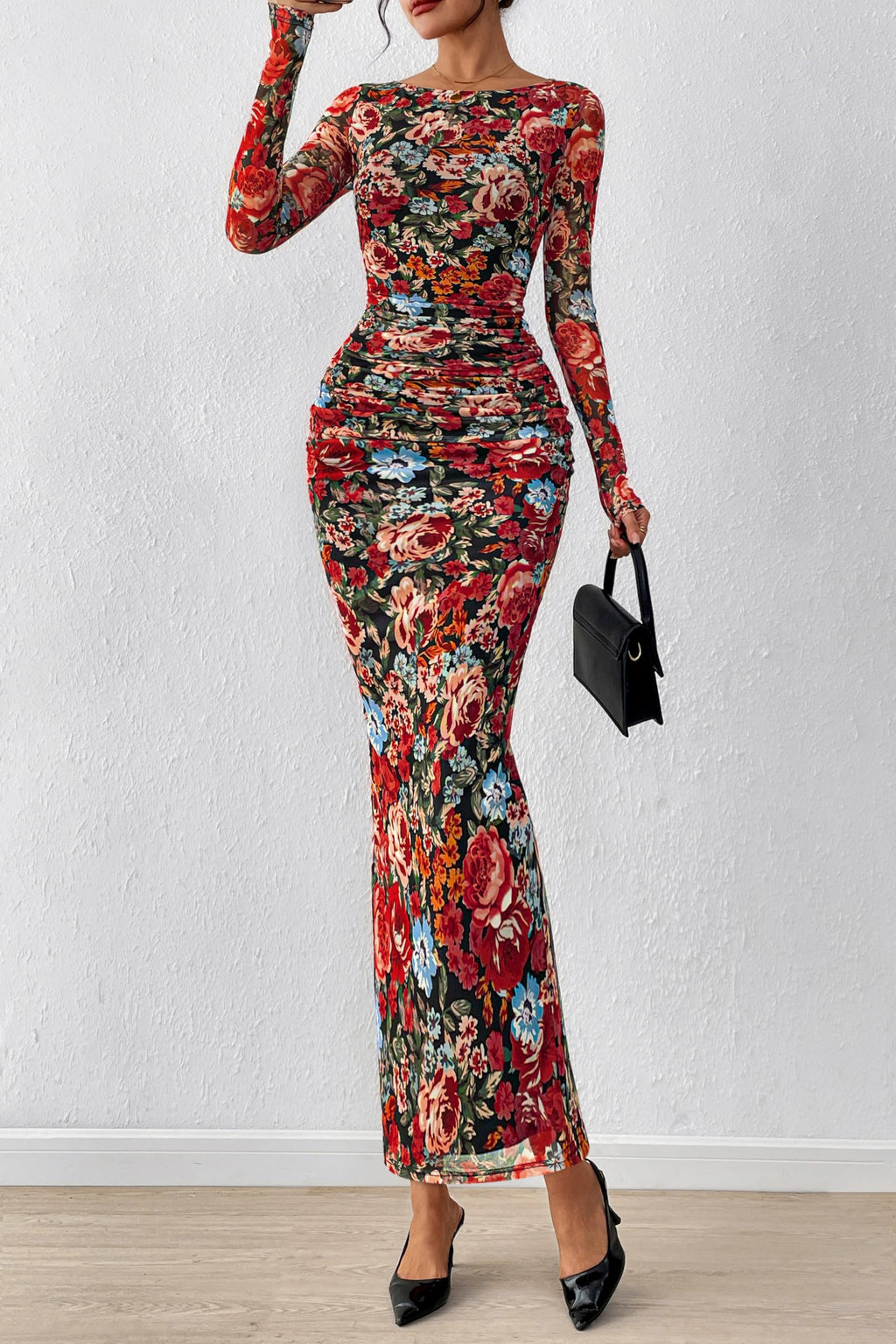 PRETTYGARDEN Women's Long Sleeve Bodycon Dresses 2026 Spring Sexy Floral Mesh Slit Ruched Tight Maxi Wedding Guest Dress
