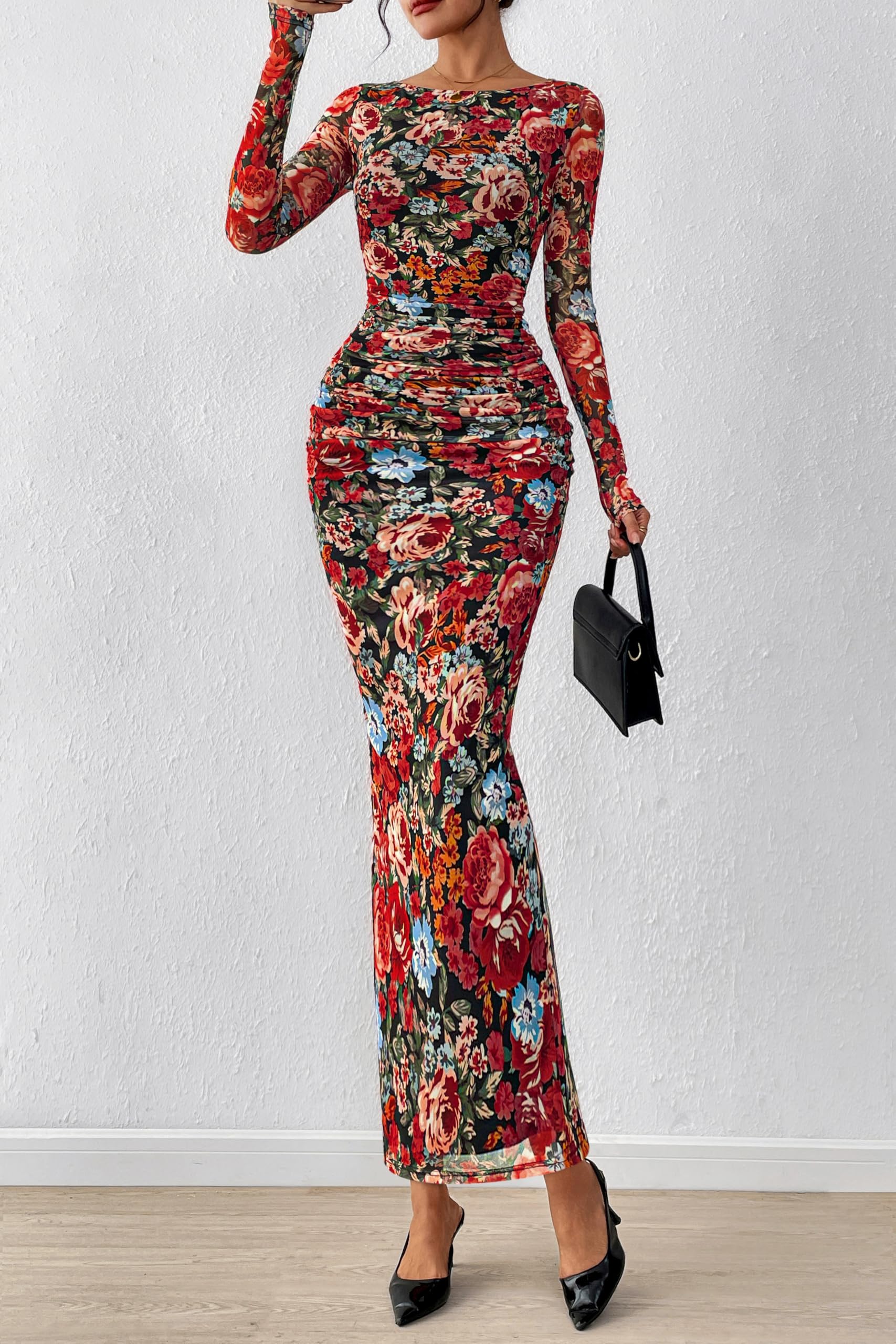 PRETTYGARDEN Women's Long Sleeve Bodycon Dresses 2026 Spring Sexy Floral Mesh Slit Ruched Tight Maxi Wedding Guest Dress