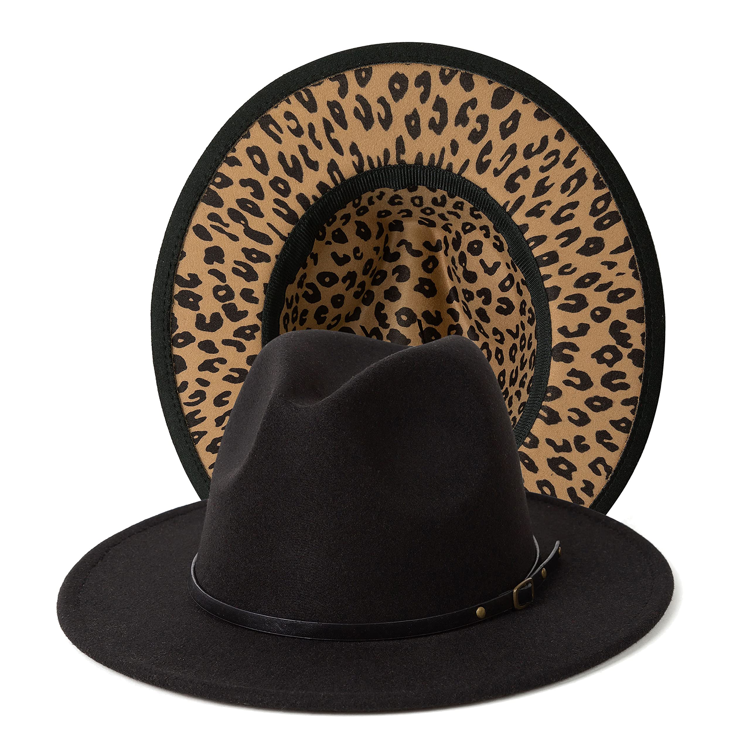 Gossifan Women Two Tone Wide Brim Fedora Felt Panama Hats Classic Belt Buckle