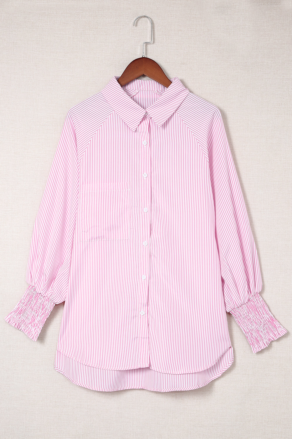 Striped Casual Blouse with Shirred Cuffs