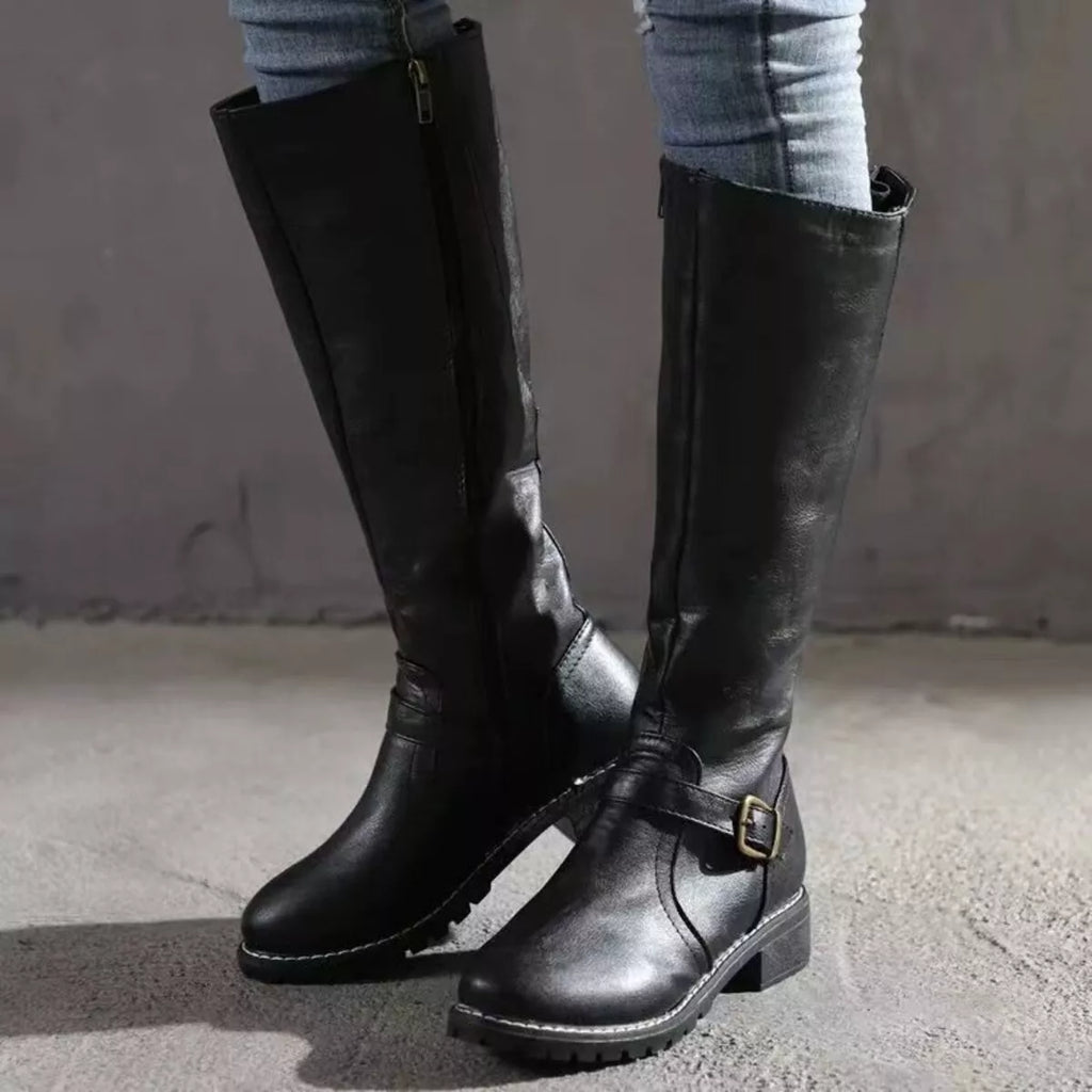 Women's Round Toe Knee High Buckle Boots Low Heel Fashion