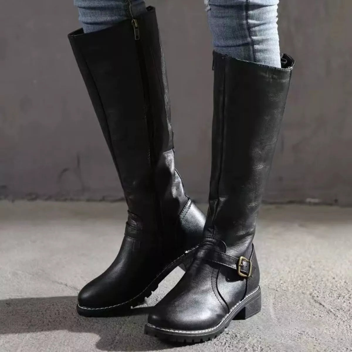 Women's Round Toe Knee High Buckle Boots Low Heel Fashion