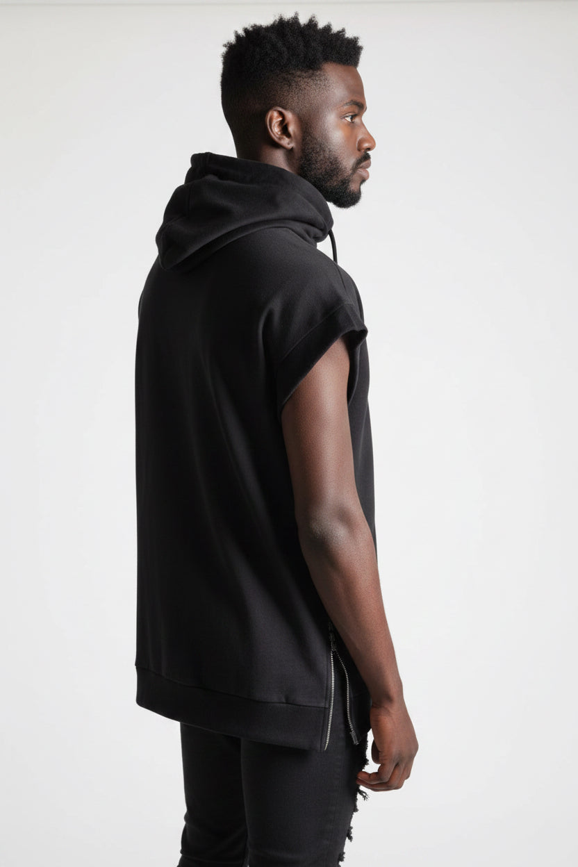 Men's Cropped Sleeved  Hoodie -Black