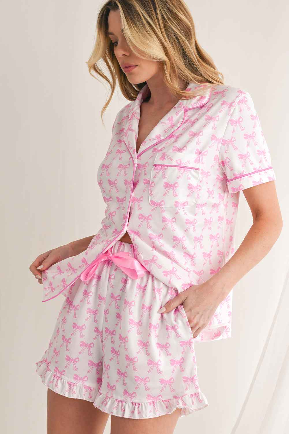 Pink Bowknot Print Ruffle Hem Pajamas