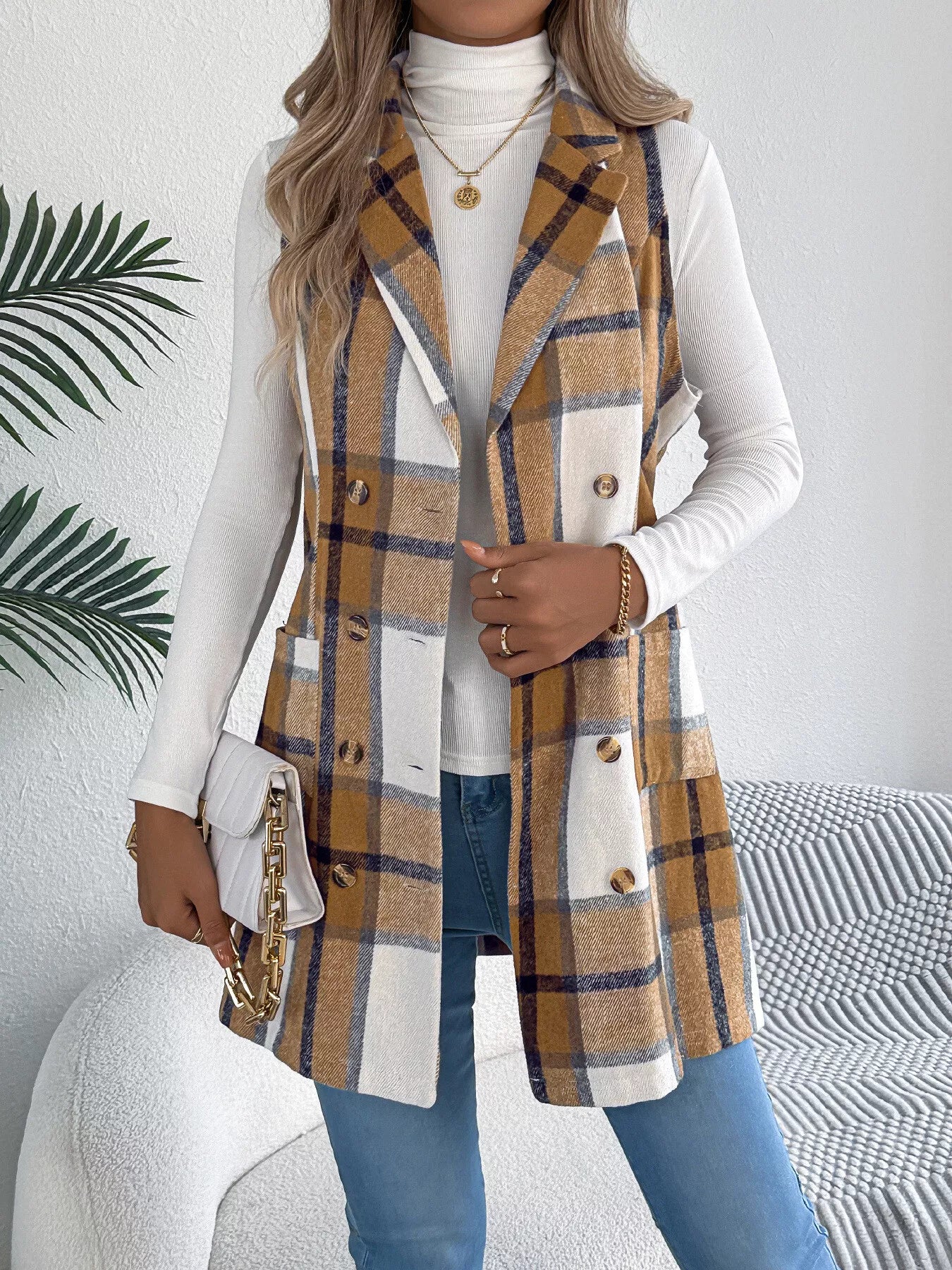 Women's Plaid Double-Breasted Vest Coat in Camel and White