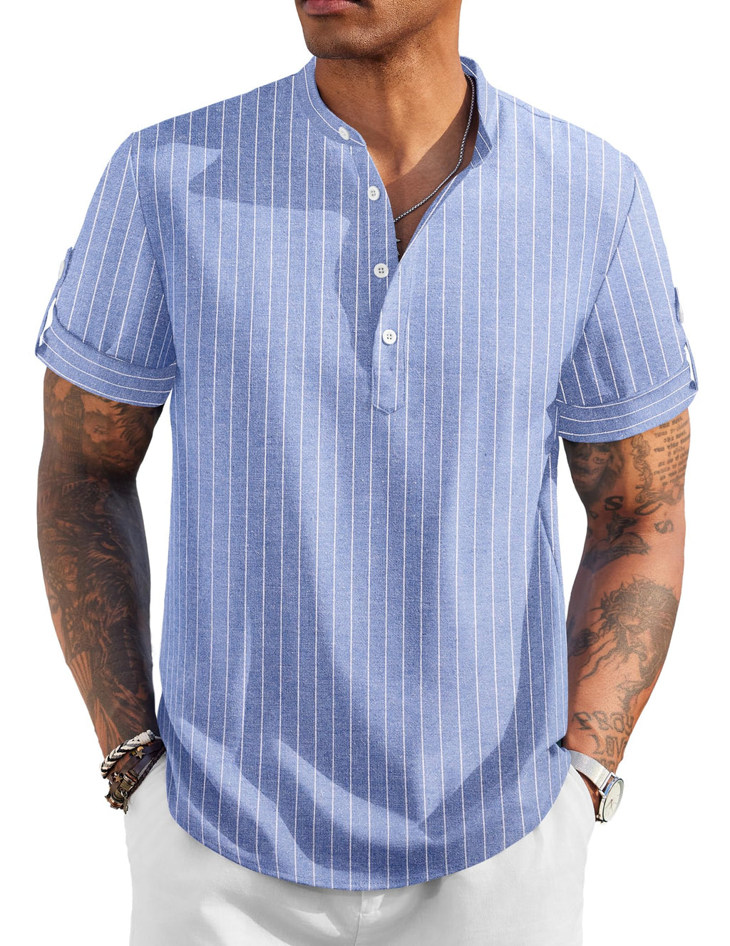 COOFANDY Men's Casual Henley Shirt Short Sleeve Band Collar Linen Shirt Summer Beach Hippie T-Shirts
