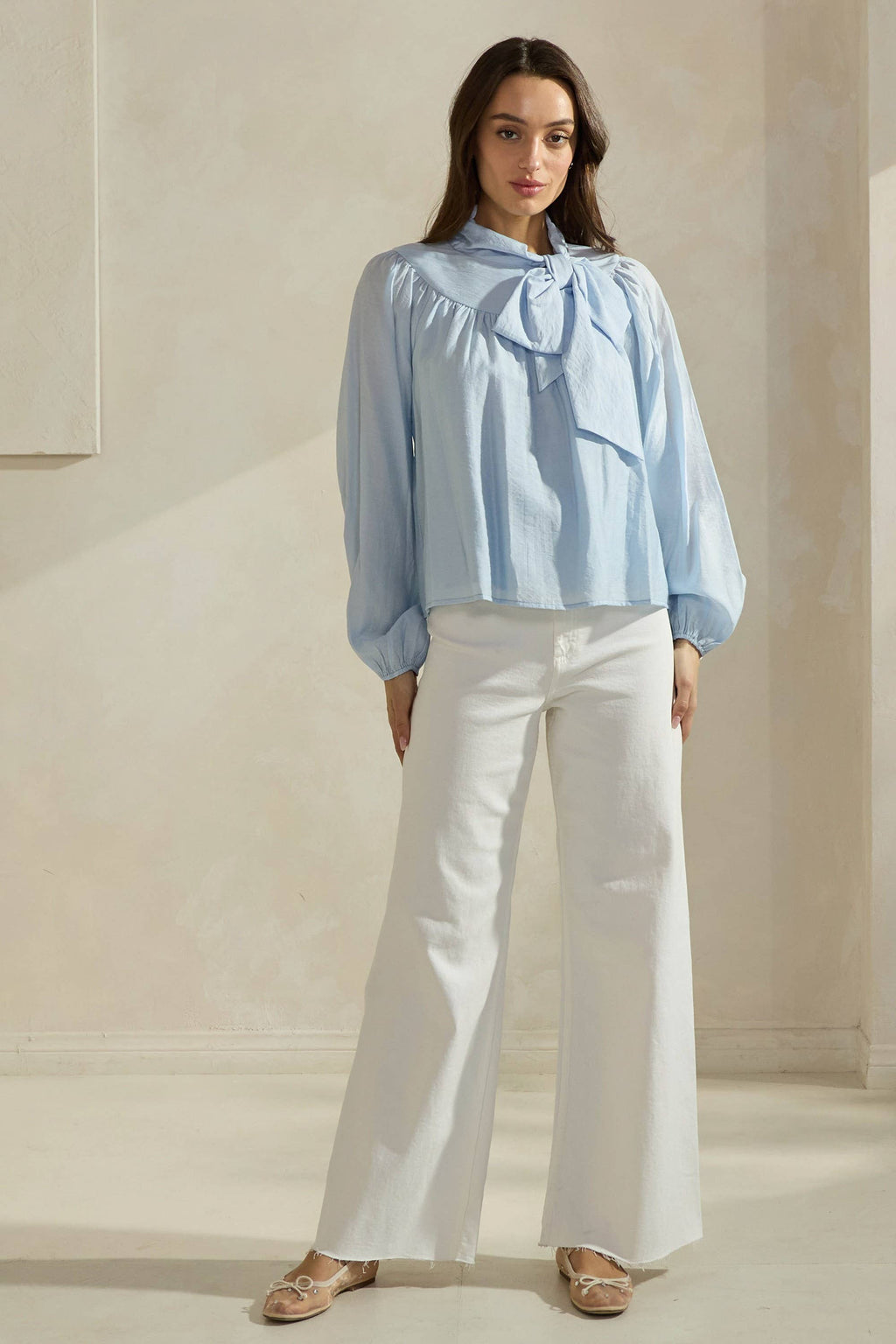 Sky Blue Bow-Tie Neck Cotton Blouse