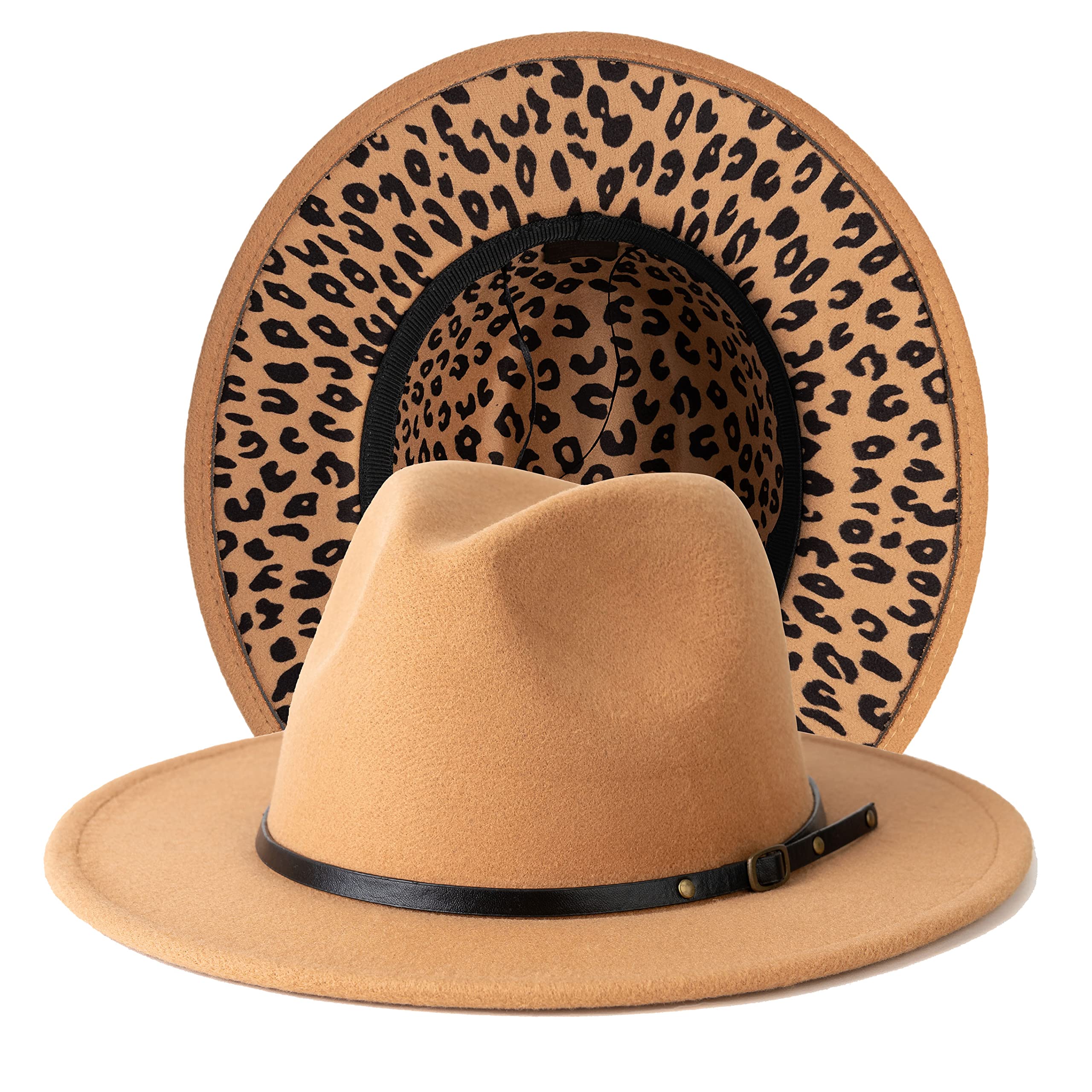 Gossifan Women Two Tone Wide Brim Fedora Felt Panama Hats Classic Belt Buckle