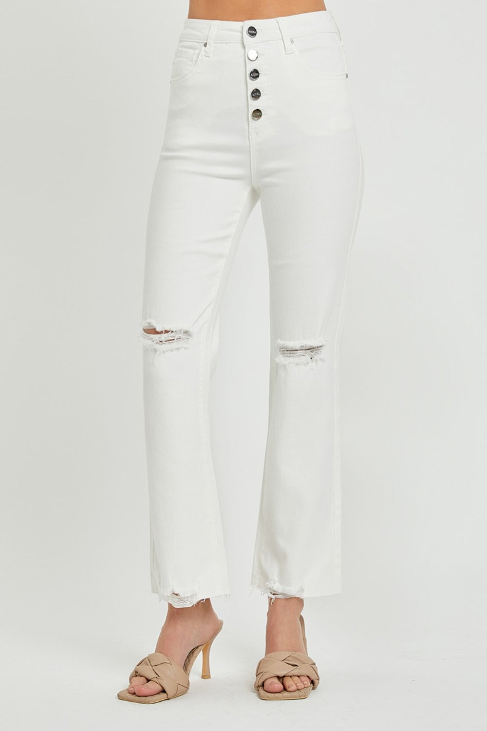 RISEN High Rise Button Fly White Denim Straight Leg Jeans