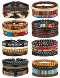 FIBO STEEL Braided Leather Bracelets for Men Women - Wooden Beads Cool Wrap Cuff Bracelets Mens Hemp Tribal Wristbands Punk Vintage Bracelet Set 31 Pcs
