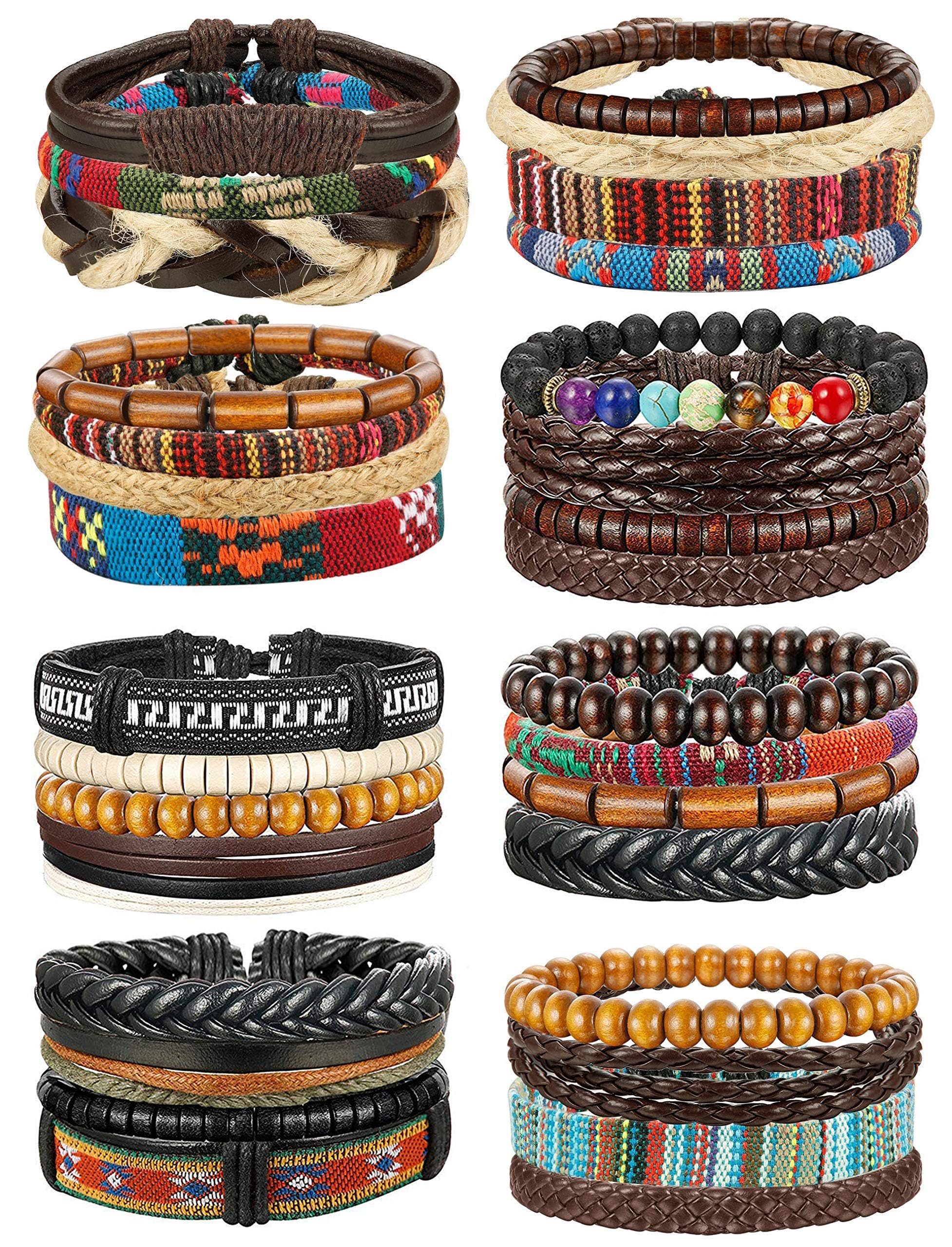 FIBO STEEL Braided Leather Bracelets for Men Women - Wooden Beads Cool Wrap Cuff Bracelets Mens Hemp Tribal Wristbands Punk Vintage Bracelet Set 31 Pcs