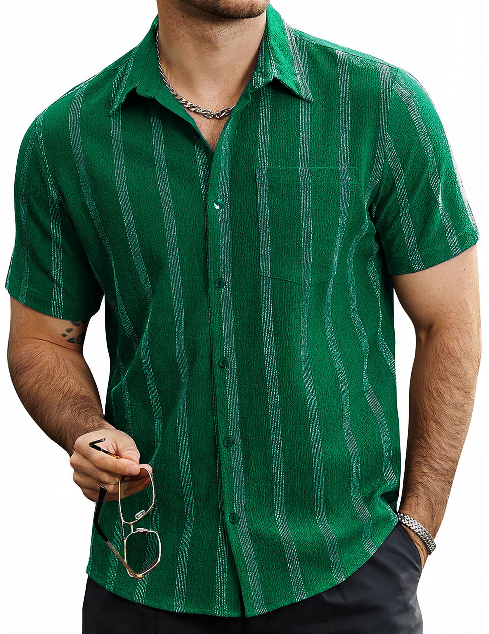 VATPAVE Mens Summer Striped Shirts Button Down Short Sleeve Vintage Beach Hawaiian Shirts with Pocket