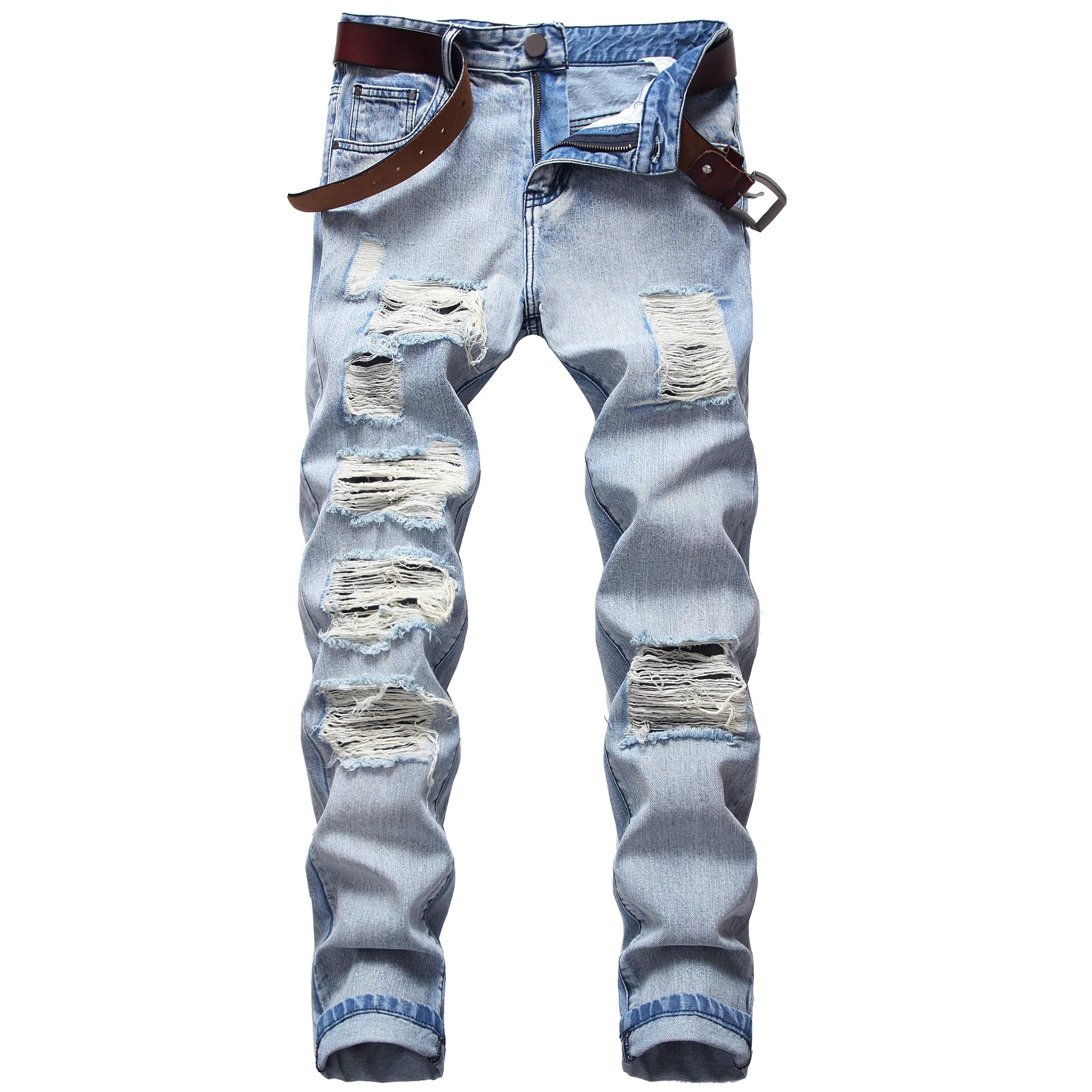 DANT BULUN Men's Ripped Distressed Destroyed Slim Fit Straight Leg Denim Jeans