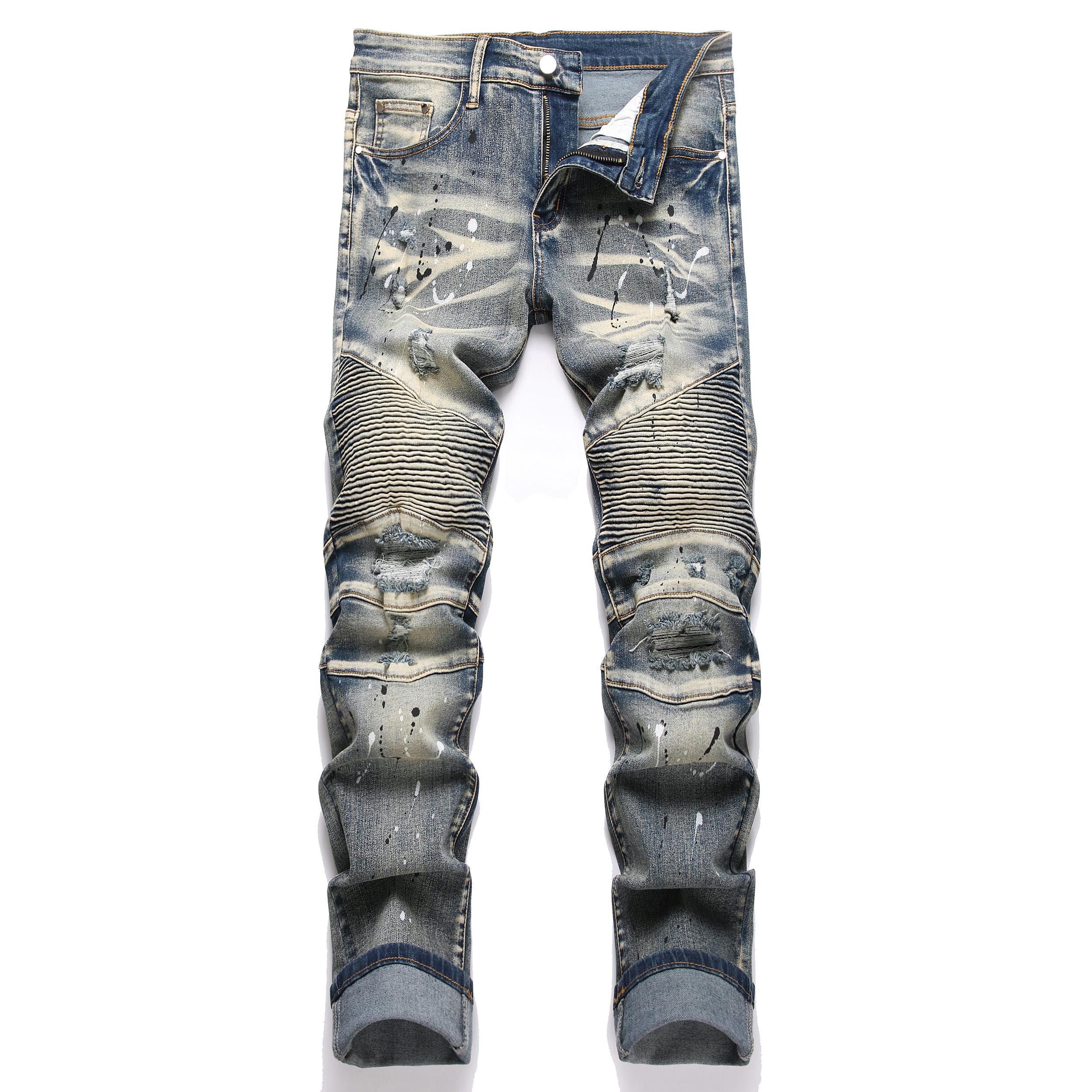 QIMYUM Men's Slim Fit Jeans Ripped Skinny Jeans for Men, Fashion Biker Jeans Stretch Moto Cargo Denim Pants