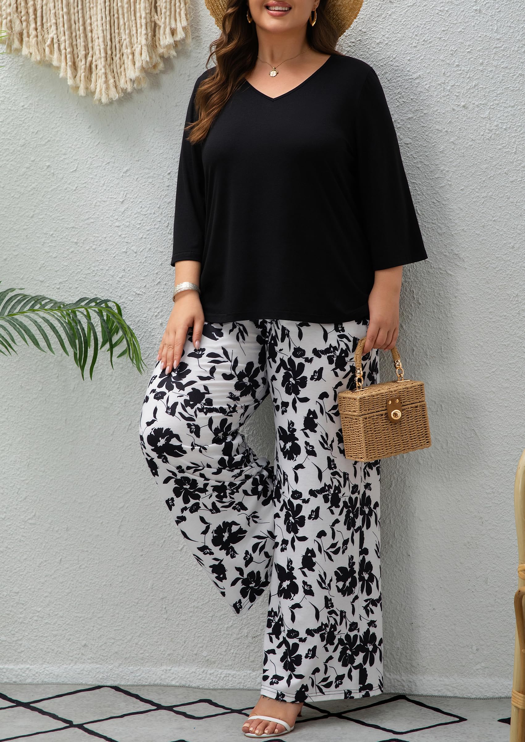 Auciccoo Womens Plus Size Lounge Sets 2 Piece Outfits 3/4 Sleeve Pullover Tops Wide Leg Pants Travel Loungewear