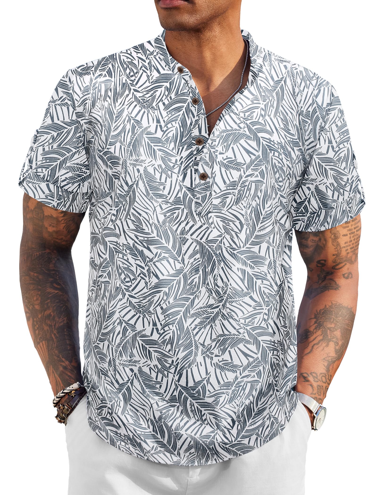 COOFANDY Men's Casual Henley Shirt Short Sleeve Band Collar Linen Shirt Summer Beach Hippie T-Shirts